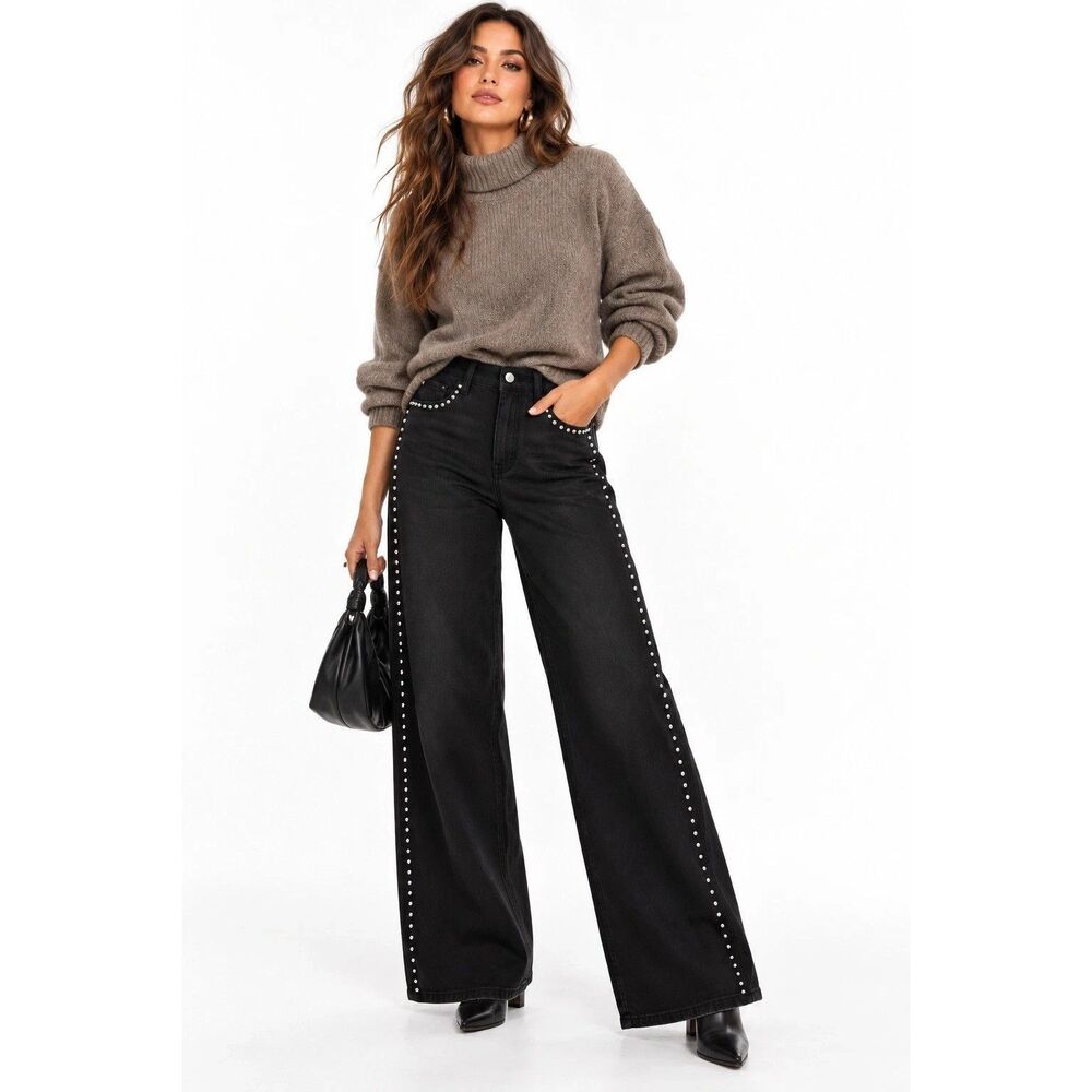 Vervet High Rise Long Wide Jeans Studded Black Denim Size 26